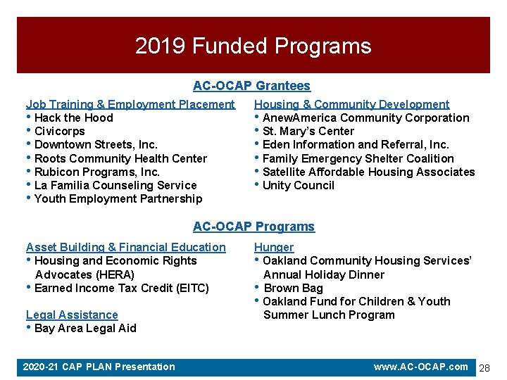 2019 Funded Programs AC-OCAP Grantees Job Training & Employment Placement • Hack the Hood 2019 Funded Programs AC-OCAP Grantees Job Training & Employment Placement • Hack the Hood
