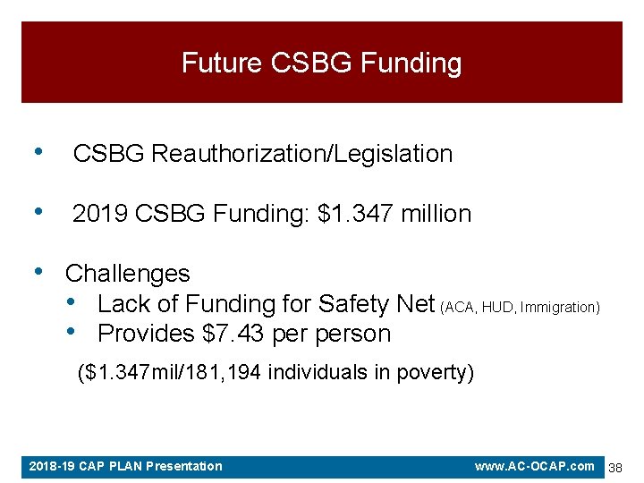 Future CSBG Funding • CSBG Reauthorization/Legislation • 2019 CSBG Funding: $1. 347 million •