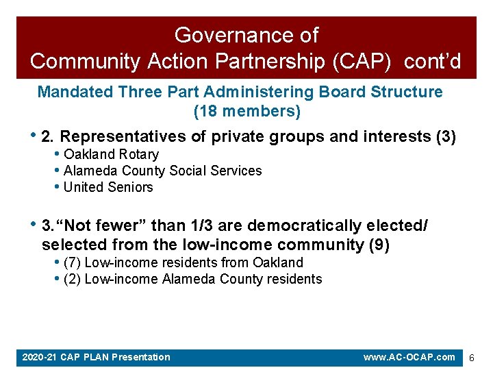 Governance of Community Action Partnership (CAP) cont’d Mandated Three Part Administering Board Structure (18