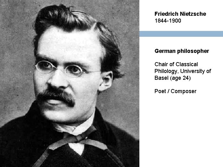 Friedrich Nietzsche 1844 -1900 German philosopher Chair of Classical Philology, University of Basel (age