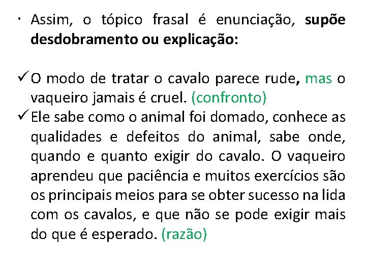  Assim, o tópico frasal é enunciação, supõe desdobramento ou explicação: ü O modo