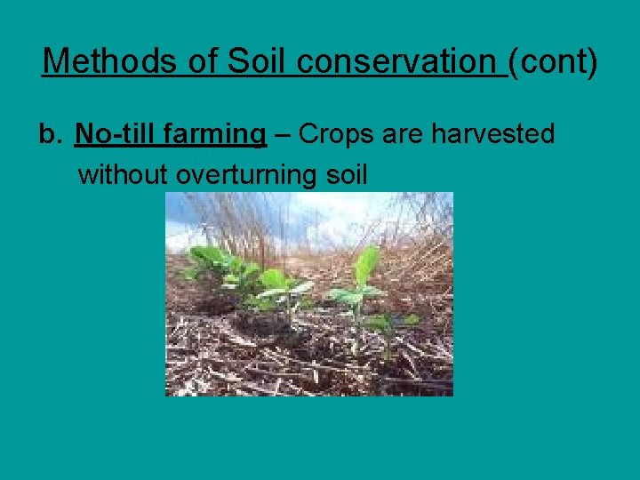 Methods of Soil conservation (cont) b. No-till farming – Crops are harvested without overturning