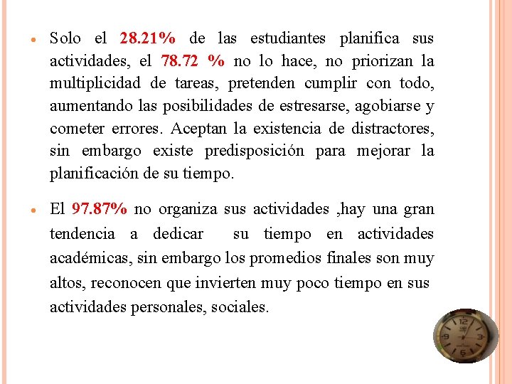  Solo el 28. 21% de las estudiantes planifica sus actividades, el 78. 72