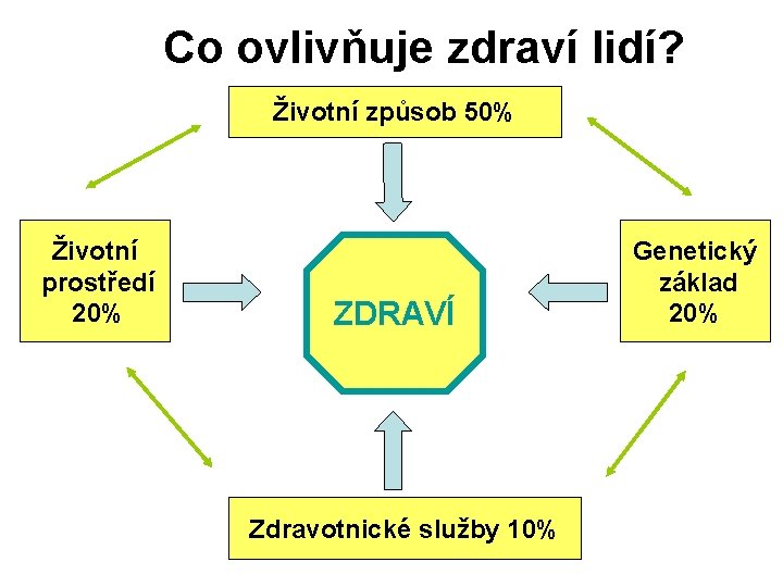 Co ovlivňuje zdraví lidí? Životní způsob 50% Životní prostředí 20% ZDRAVÍ Zdravotnické služby 10%