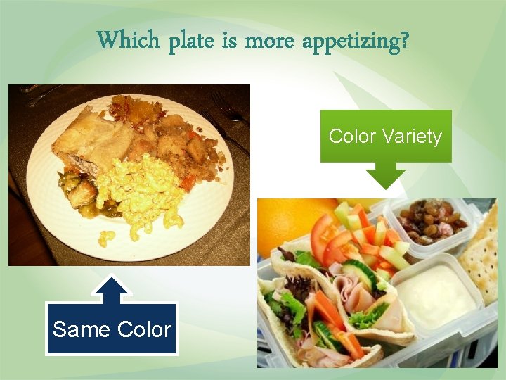 Which plate is more appetizing? Color Variety Same Color 