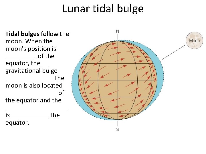 Lunar tidal bulge Tidal bulges follow the moon. When the moon’s position is _____