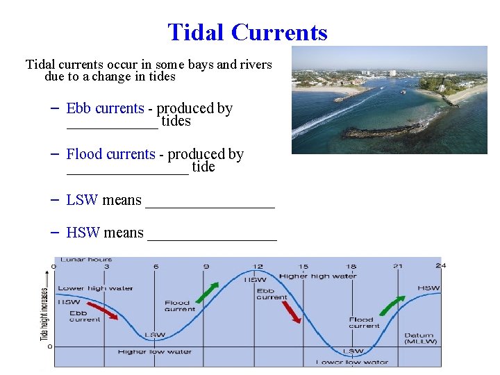 Tidal Currents Tidal currents occur in some bays and rivers due to a change