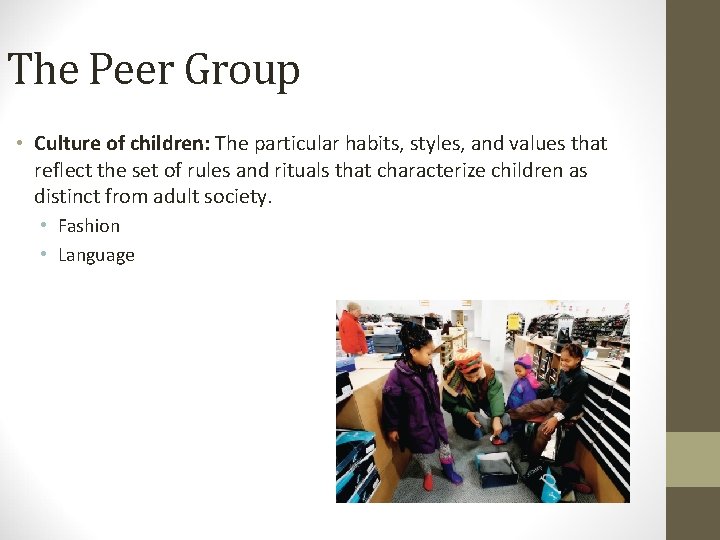 The Peer Group • Culture of children: The particular habits, styles, and values that