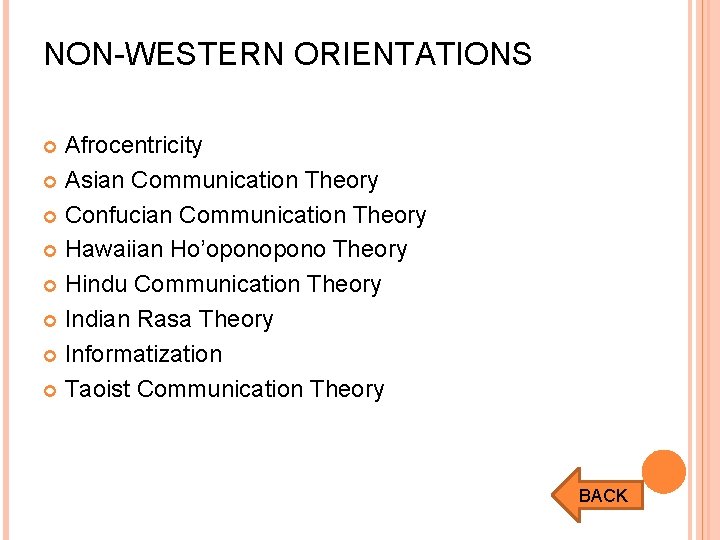 NON-WESTERN ORIENTATIONS Afrocentricity Asian Communication Theory Confucian Communication Theory Hawaiian Ho’opono Theory Hindu Communication