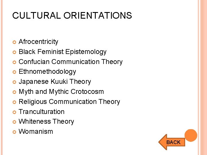 CULTURAL ORIENTATIONS Afrocentricity Black Feminist Epistemology Confucian Communication Theory Ethnomethodology Japanese Kuuki Theory Myth