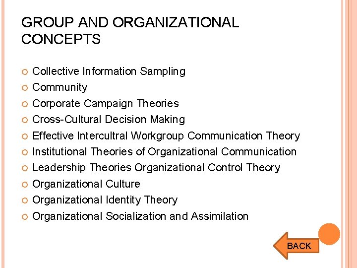 GROUP AND ORGANIZATIONAL CONCEPTS Collective Information Sampling Community Corporate Campaign Theories Cross-Cultural Decision Making