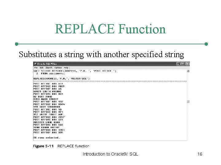 REPLACE Function Substitutes a string with another specified string Introduction to Oracle 9 i: