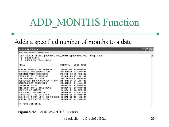 ADD_MONTHS Function Adds a specified number of months to a date Introduction to Oracle