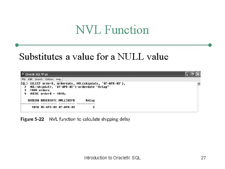 NVL Function Substitutes a value for a NULL value Introduction to Oracle 9 i: