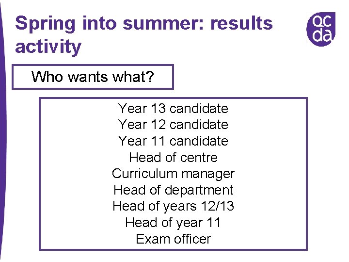 Spring into summer: results activity Who wants what? Year 13 candidate Year 12 candidate
