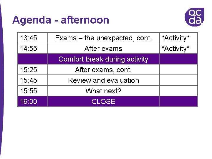 Agenda - afternoon 13: 45 14: 55 15: 25 Exams – the unexpected, cont.