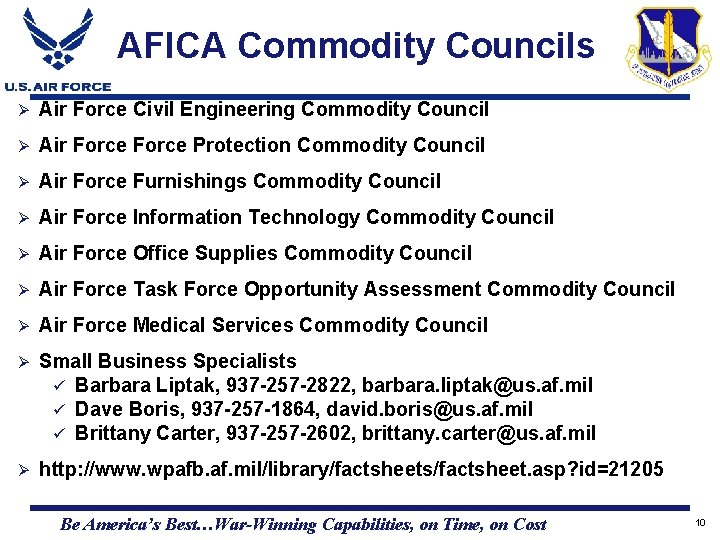 AFICA Commodity Councils Ø Air Force Civil Engineering Commodity Council Ø Air Force Protection AFICA Commodity Councils Ø Air Force Civil Engineering Commodity Council Ø Air Force Protection