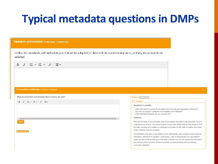 Typical metadata questions in DMPs 
