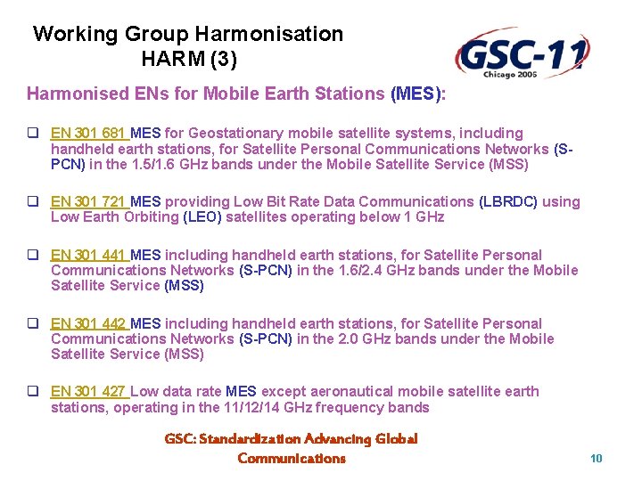 Working Group Harmonisation HARM (3) Harmonised ENs for Mobile Earth Stations (MES): q EN