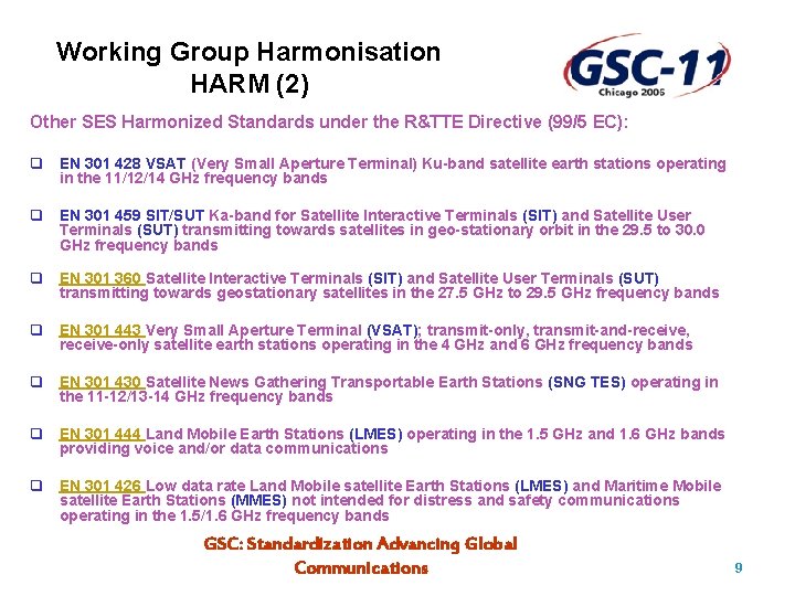 Working Group Harmonisation HARM (2) Other SES Harmonized Standards under the R&TTE Directive (99/5