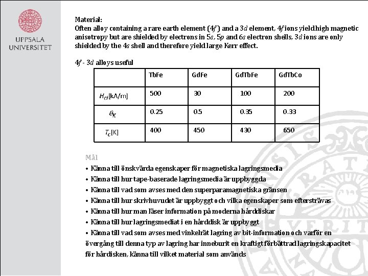 Material: Often alloy containing a rare earth element (4 f ) and a 3