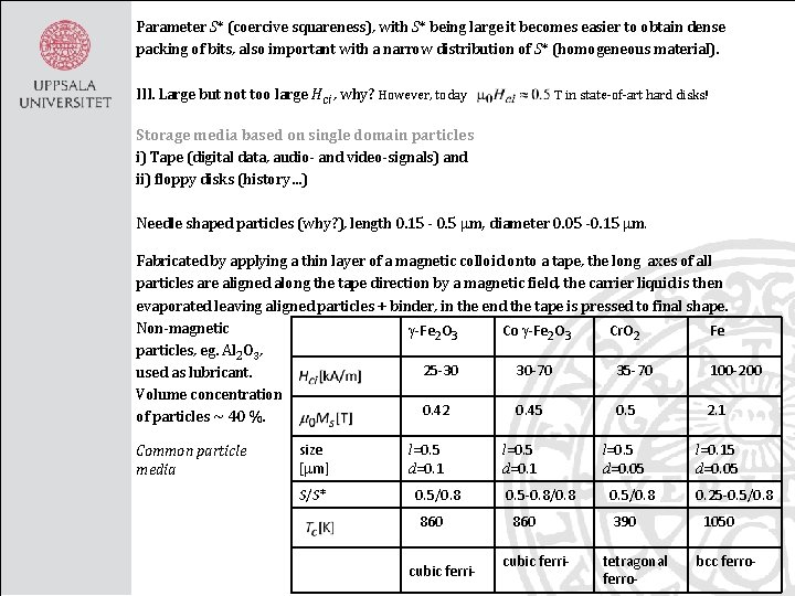 Parameter S* (coercive squareness), with S* being large it becomes easier to obtain dense