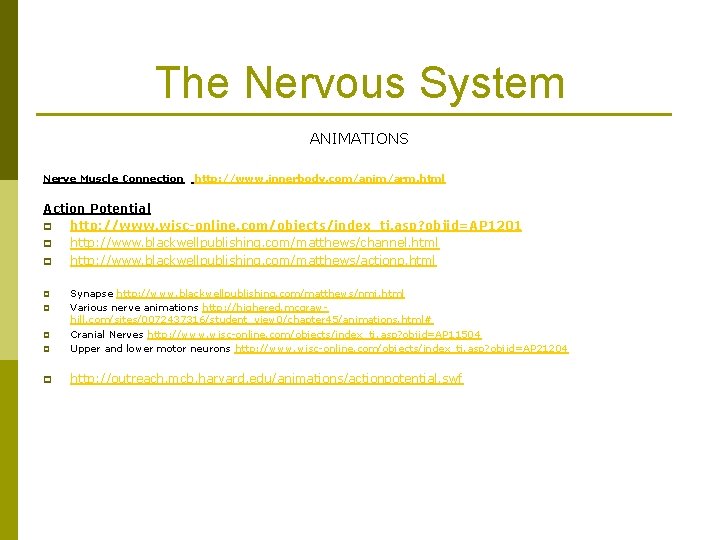 The Nervous System ANIMATIONS Nerve Muscle Connection http: //www. innerbody. com/anim/arm. html Action Potential