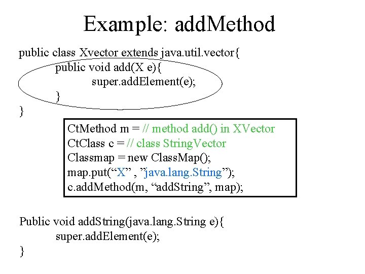Example: add. Method public class Xvector extends java. util. vector{ public void add(X e){