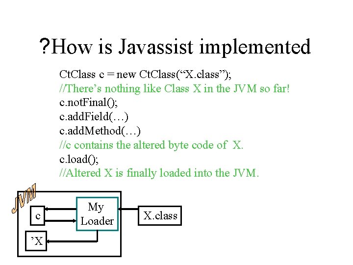 ? How is Javassist implemented Ct. Class c = new Ct. Class(“X. class”); //There’s
