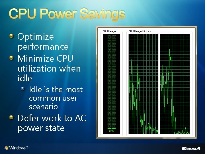 CPU Power Savings Idle is the most common user scenario Defer work to AC