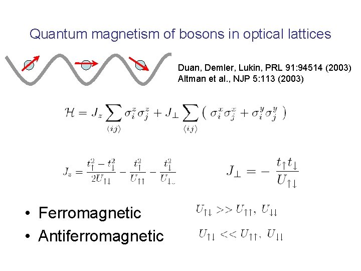 Quantum magnetism of bosons in optical lattices Duan, Demler, Lukin, PRL 91: 94514 (2003) Quantum magnetism of bosons in optical lattices Duan, Demler, Lukin, PRL 91: 94514 (2003)