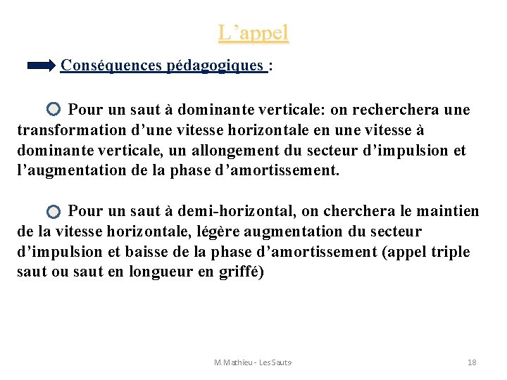 L’appel Conséquences pédagogiques : Pour un saut à dominante verticale: on rechera une transformation