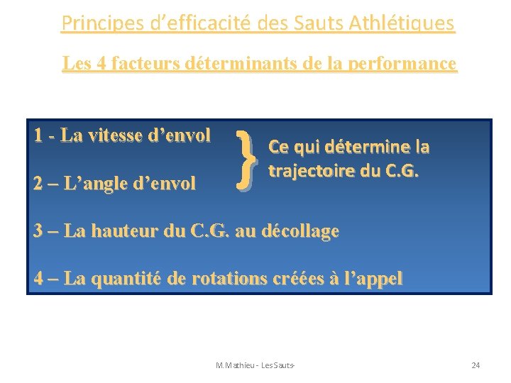 Principes d’efficacité des Sauts Athlétiques Les 4 facteurs déterminants de la performance 1 -