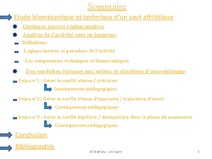 Sommaire Etude biomécanique et technique d’un saut athlétique Quelques aspects réglementaires Analyse de l’activité