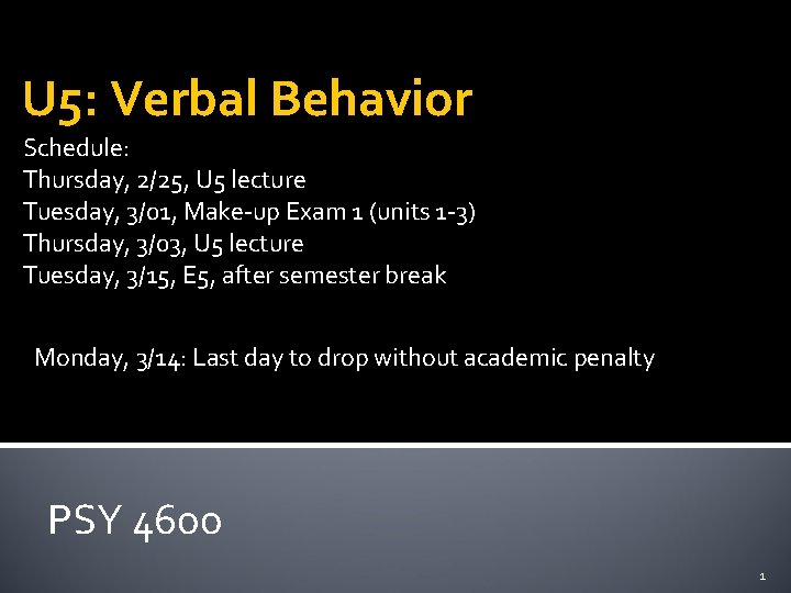 U 5: Verbal Behavior Schedule: Thursday, 2/25, U 5 lecture Tuesday, 3/01, Make-up Exam