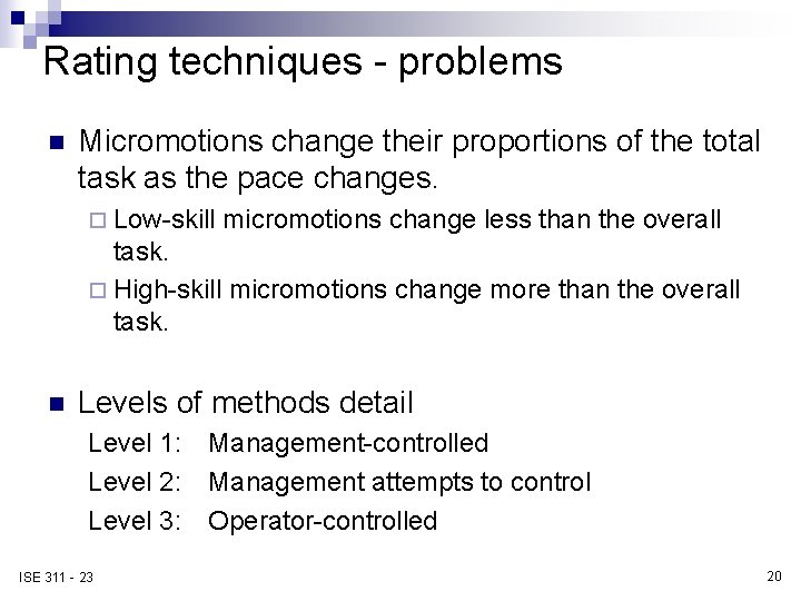 Rating techniques - problems n Micromotions change their proportions of the total task as