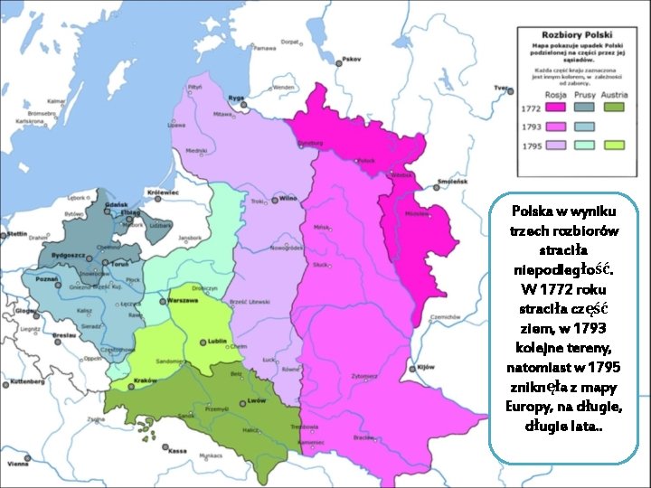 Polska w wyniku trzech rozbiorów straciła niepodległość. W 1772 roku straciła część ziem, w