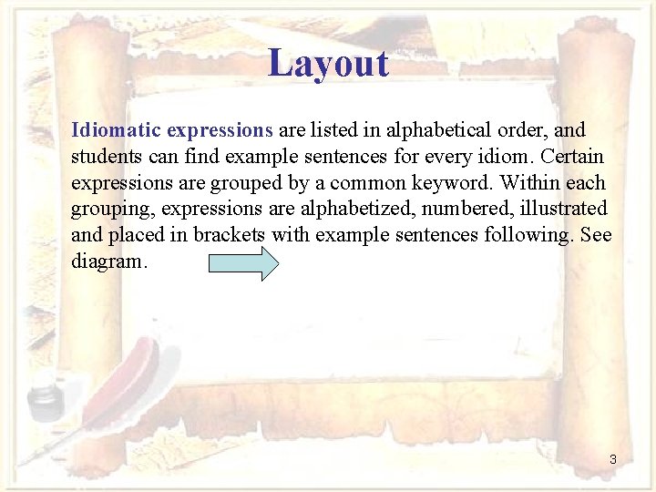 Layout Idiomatic expressions are listed in alphabetical order, and students can find example sentences