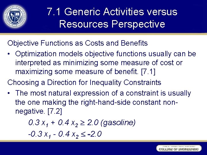 7. 1 Generic Activities versus Resources Perspective Objective Functions as Costs and Benefits •