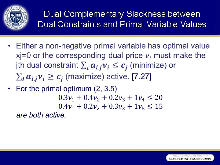 Dual Complementary Slackness between Dual Constraints and Primal Variable Values • 