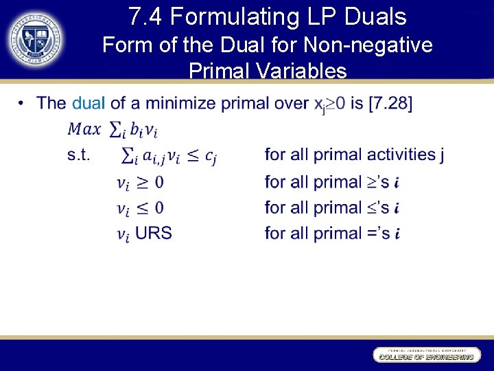 7. 4 Formulating LP Duals Form of the Dual for Non-negative Primal Variables •