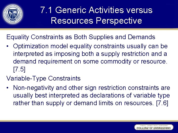 7. 1 Generic Activities versus Resources Perspective Equality Constraints as Both Supplies and Demands