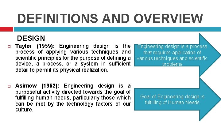DEFINITIONS AND OVERVIEW DESIGN Taylor (1959): Engineering design is the Engineering design is a