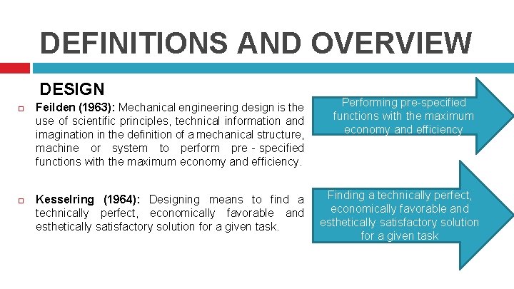 DEFINITIONS AND OVERVIEW DESIGN Feilden (1963): Mechanical engineering design is the use of scientific