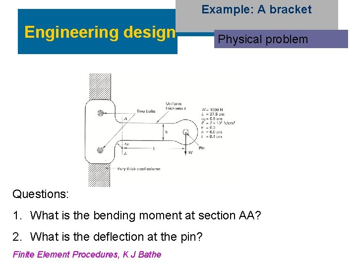 Example: A bracket Engineering design Physical problem Questions: 1. What is the bending moment