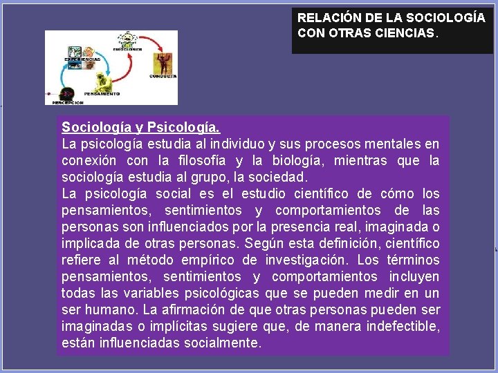 RELACIÓN DE LA SOCIOLOGÍA CON OTRAS CIENCIAS. Sociología y Psicología. La psicología estudia al