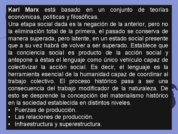 Karl Marx está basado en un conjunto de teorías económicas, políticas y filosóficas. Una