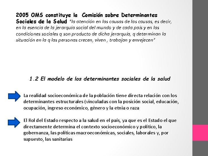 2005 OMS constituye la Comisión sobre Determinantes Sociales de la Salud “la atención en