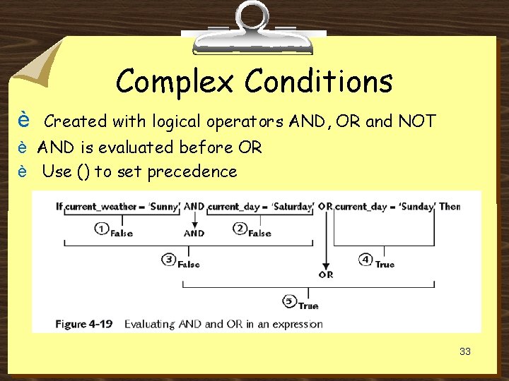 Complex Conditions è Created with logical operators AND, OR and NOT è AND is