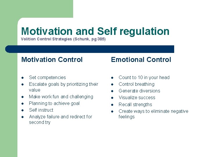 Motivation and Self regulation Volition Control Strategies (Schunk, pg 385) Motivation Control l l